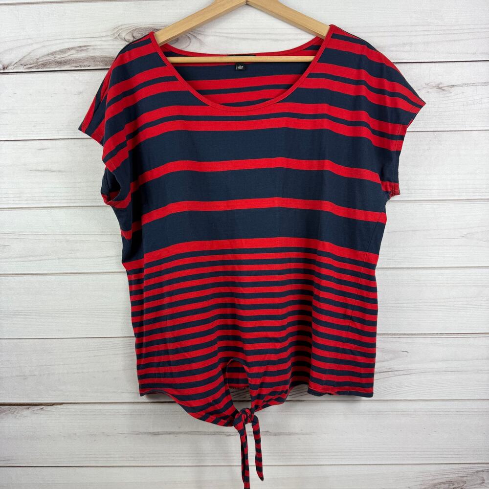 RXB Women's Navy‎ Blue Red Striped Tie Knot Short Sleeve Top Size Large